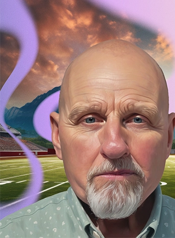 Mickey, an older man with polycythemia vera, stands superimposed in front of an AI-generated image of a football field.