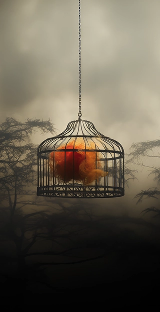 An AI visualization of polycythemia vera symptoms, showing an oversized floating birdcage filled with orange smoke against a cloudy sky