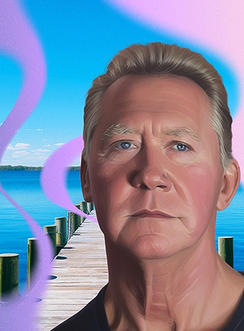 Dave, an older man with polycythemia vera, stands superimposed in front of an AI-generated image of a pier leading out to water.