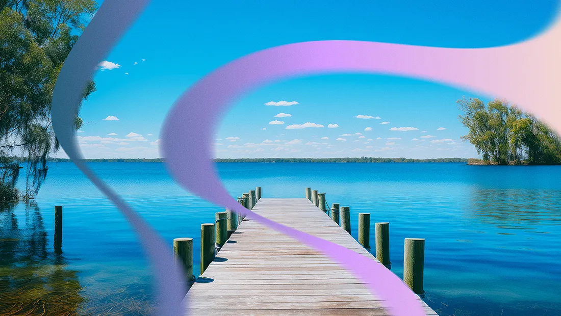 An AI visualization of polycythemia vera patient's perfect day, showing a pier leading out to a body of water.