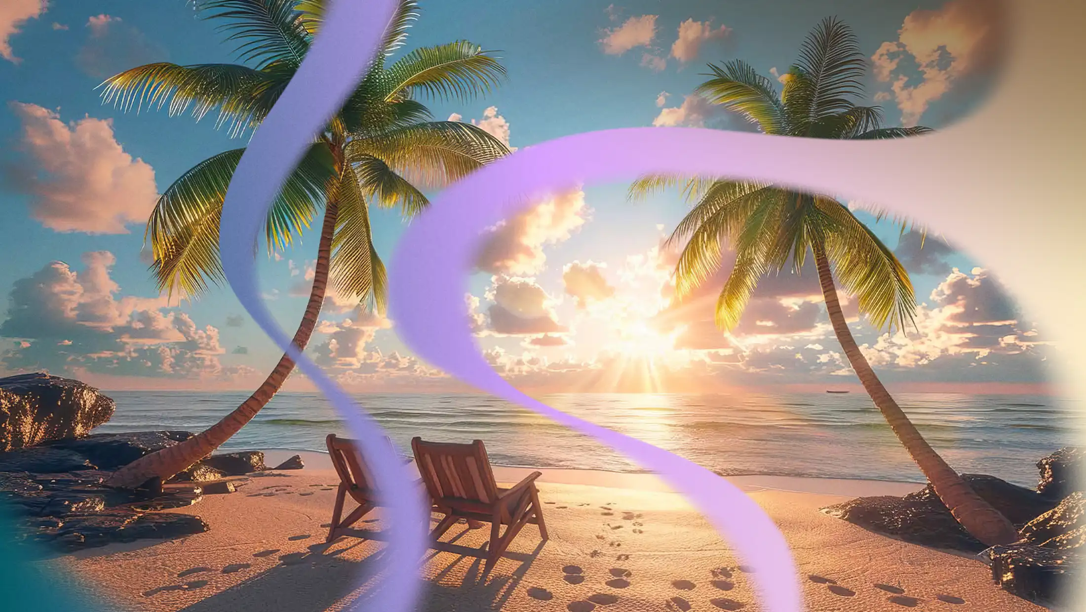 An AI visualization of an myelofibrosis patient's perfect day, showing a beach at sunset with lounge chairs.