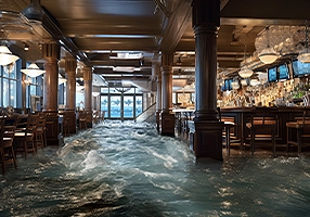 An AI visualization of polycythemia vera symptoms, expressing fatigue with a hotel bar that is flooding with water.