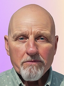 Mickey, an older man with polycythemia vera, stands superimposed in front of an AI-generated image of a football field