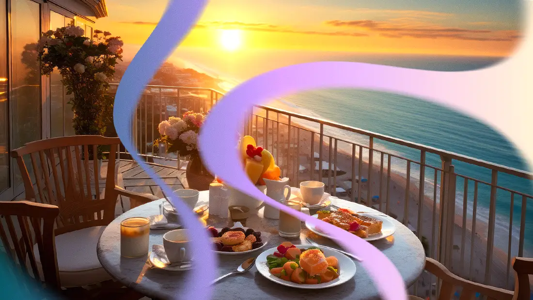 An AI visualization of a polycythemia vera patient's perfect day, with a table set for tea on a patio next to a beach sunset.