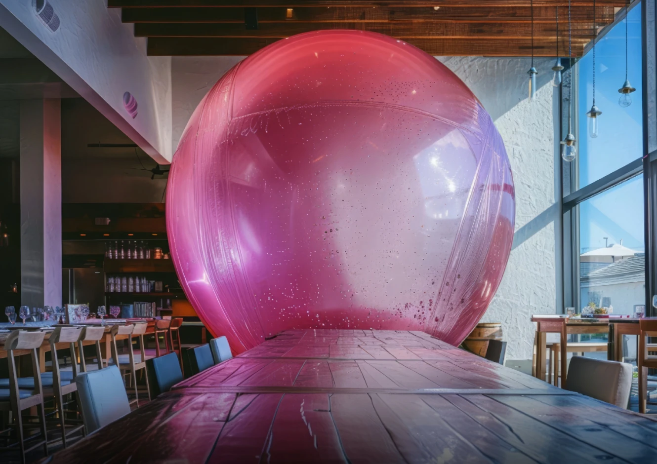 Abdominal pain or discomfort An AI visualization of myelofibrosis symptoms, expressing fatigue with an image of a huge pink balloon filling a room.