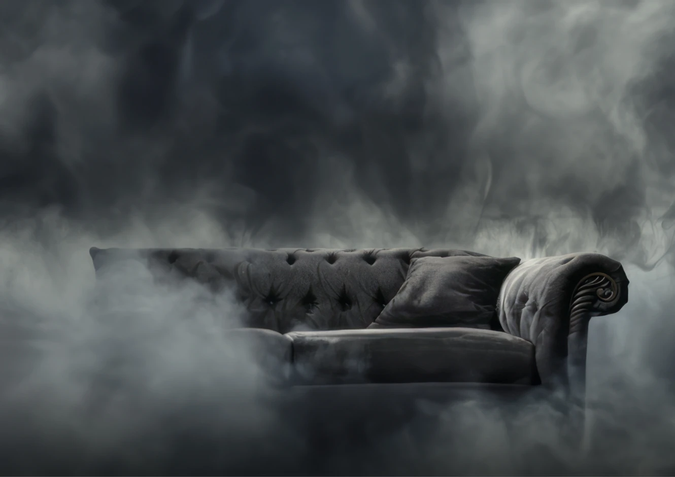 Brain fog An AI visualization of polycythemia vera symptoms, expressing brain fog with the image of fog surrounding a gray couch.