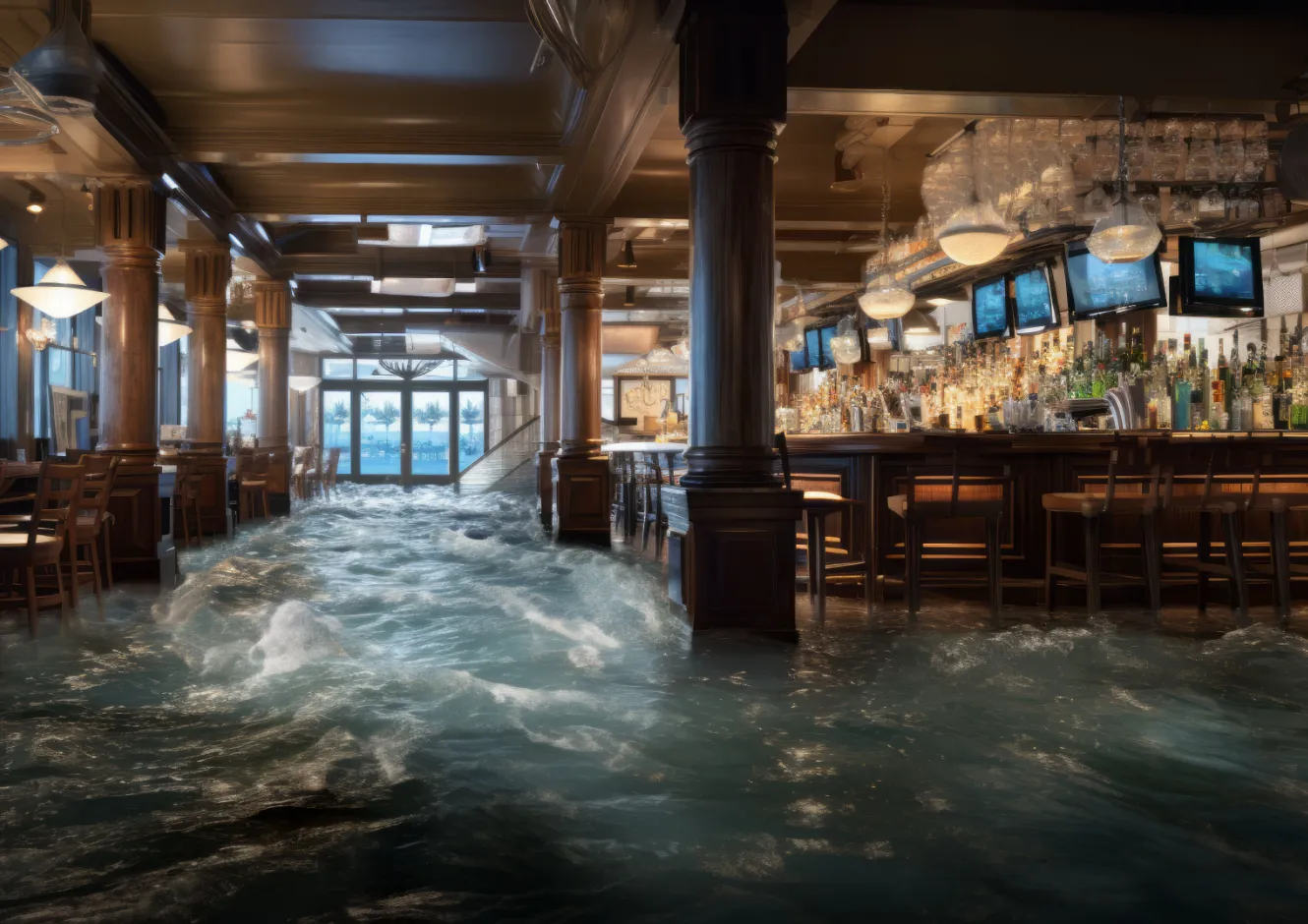 Fatigue An AI visualization of polycythemia vera symptoms, expressing fatigue with a restaurant and bar flooding with water.
