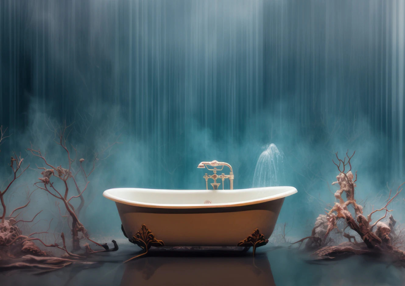 Itching An AI visualization of polycythemia vera symptoms, expressing itching with an image of a bathtub surrounded by barbs.