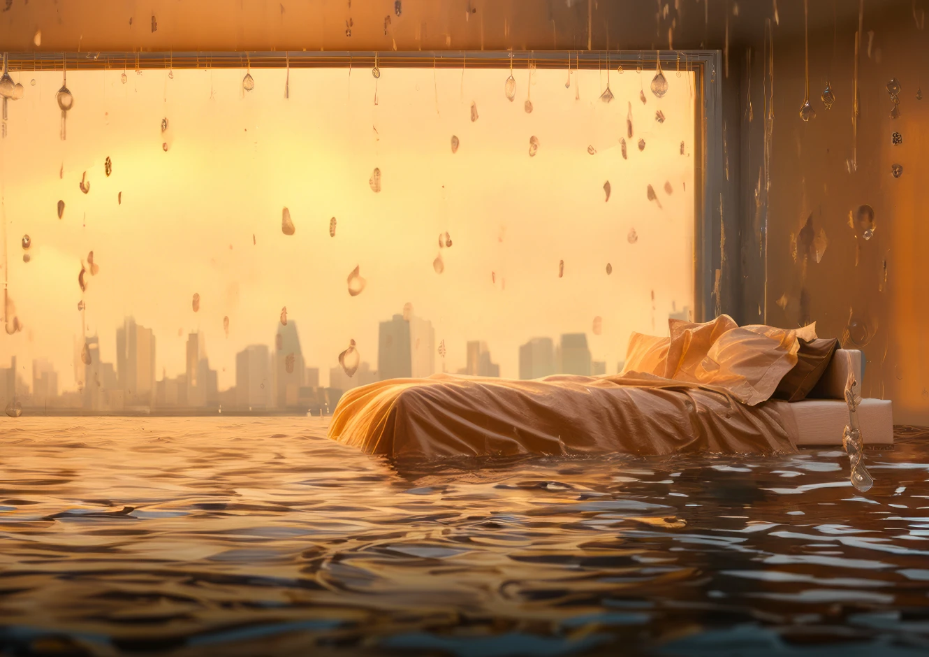 Day or night sweats An AI visualization of polycythemia vera symptoms, expressing night sweats with an image of a bed floating in water.