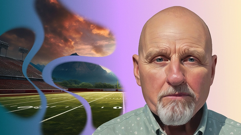 An AI visualization of polycythemia vera symptoms, showing a football field in the sunset against the background of a mountain range.